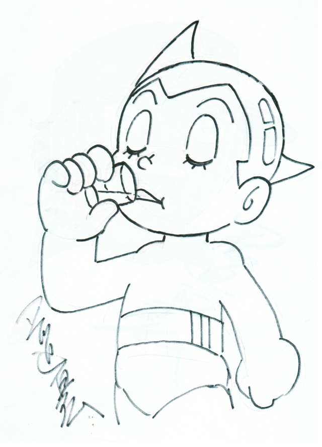 Bibujo de Astroboy bebiendo un chupito, realizado po Okaseko en 2006
